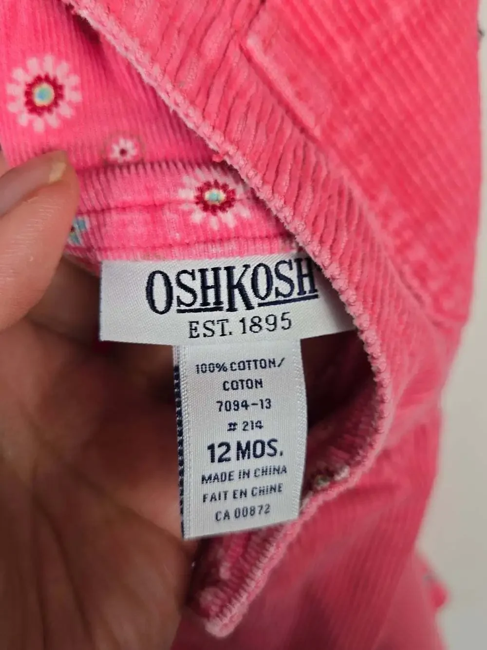Vintage OshKosh Pink Corduroy Overalls 12M Floral Embroidered Hem 90s Baby